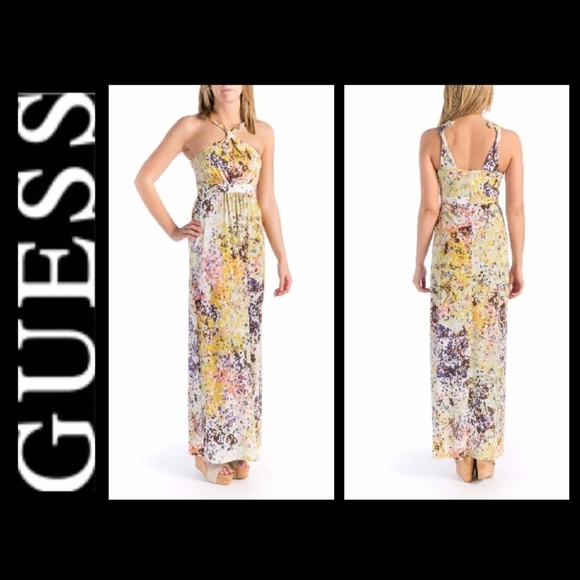 GUESS Multicolor Yellow Summer Halter Keyhole Neck Maxi Dress 6 - Picture 8 of 12